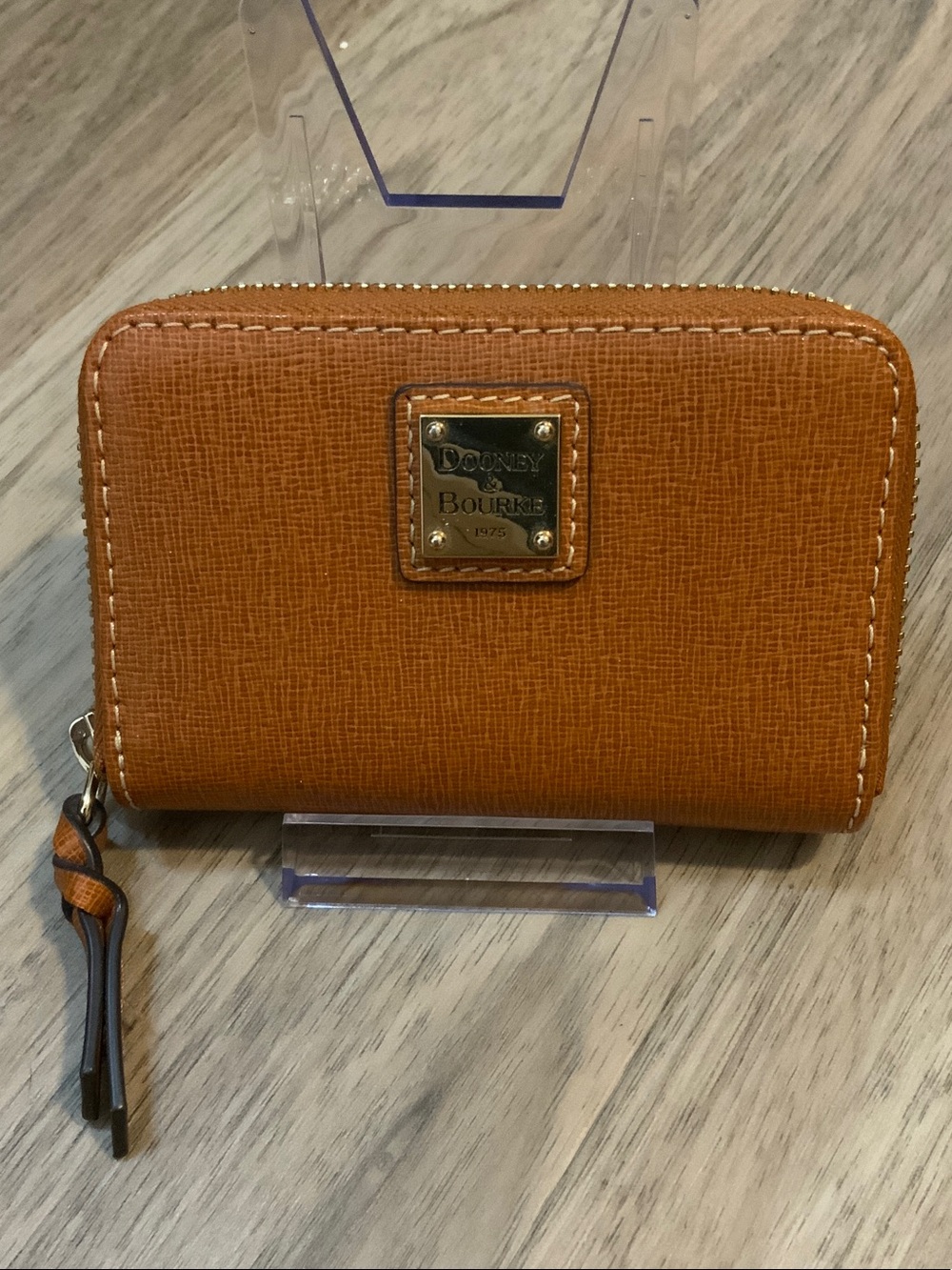 Dooney & Bourke Saddle Brown Zip-Around Leather Wallet with Gold Plaque